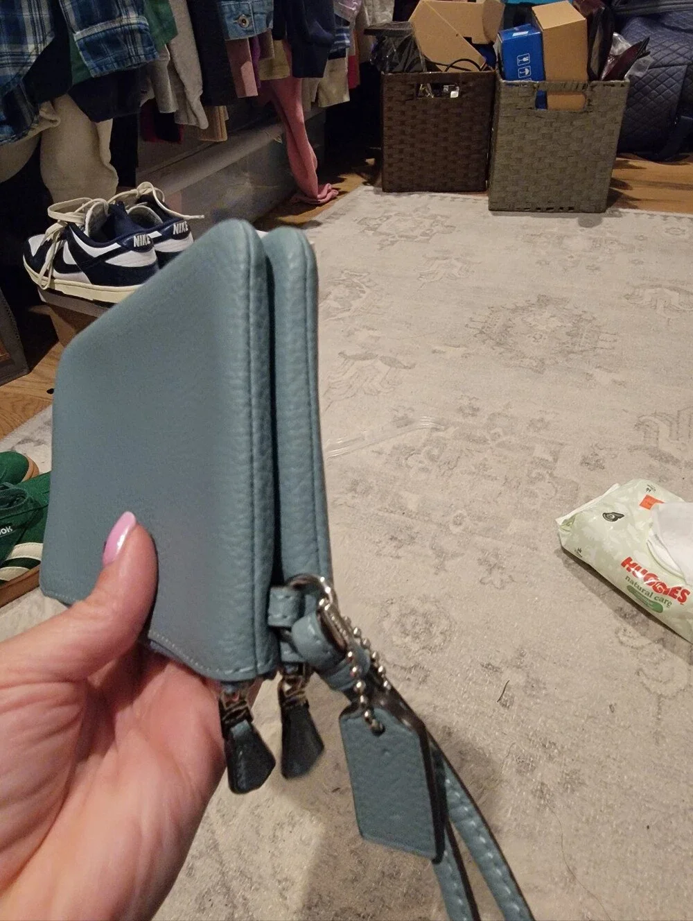 Coach Dusty Blue Pebbled Leather Double Corner Zip Wristlet Card Holder